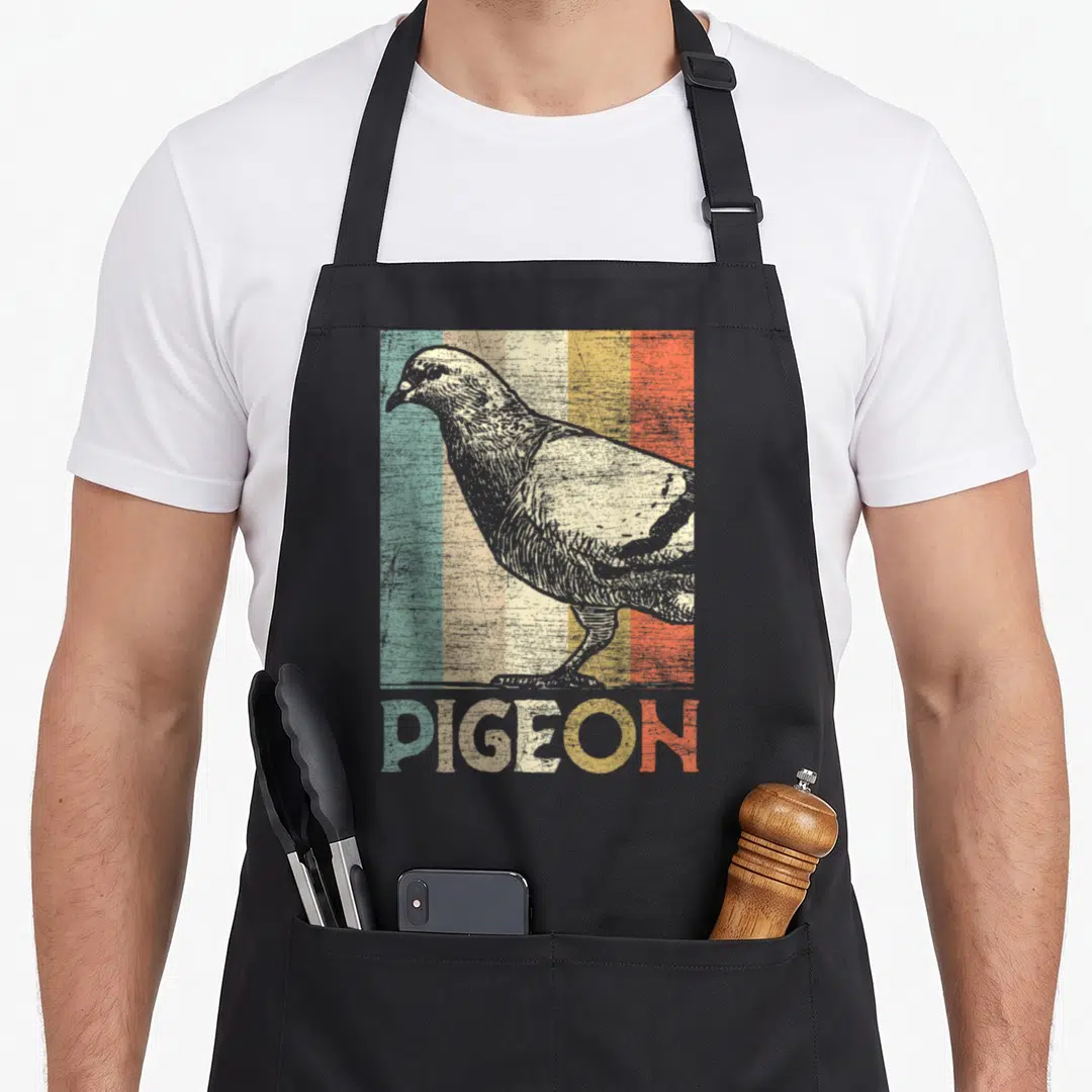 Funny crazy dove man apron - Retro pigeon illustration over teal beige yellow orange grey vertical stripes with PIGEON — shown on a black cotton canvas apron against a white background