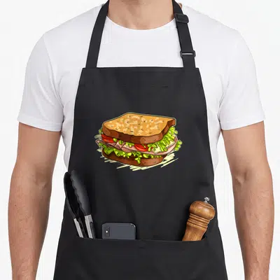 Sandwich turkey apron - Cartoon sandwich with brown bread, pink ham, red tomato, and green lettuce layers — shown on a black cotton canvas apron against a white background