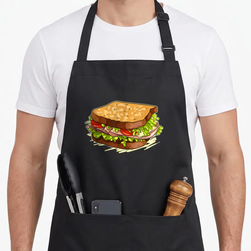 Sandwich turkey apron - Cartoon sandwich with brown bread, pink ham, red tomato, and green lettuce layers — shown on a black cotton canvas apron against a white background