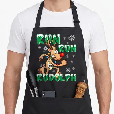 Run holiday christmas aprons - Cartoon reindeer running with 5K bib and Christmas lights surrounded by green RUN RUN — shown on a black cotton canvas apron against a white background