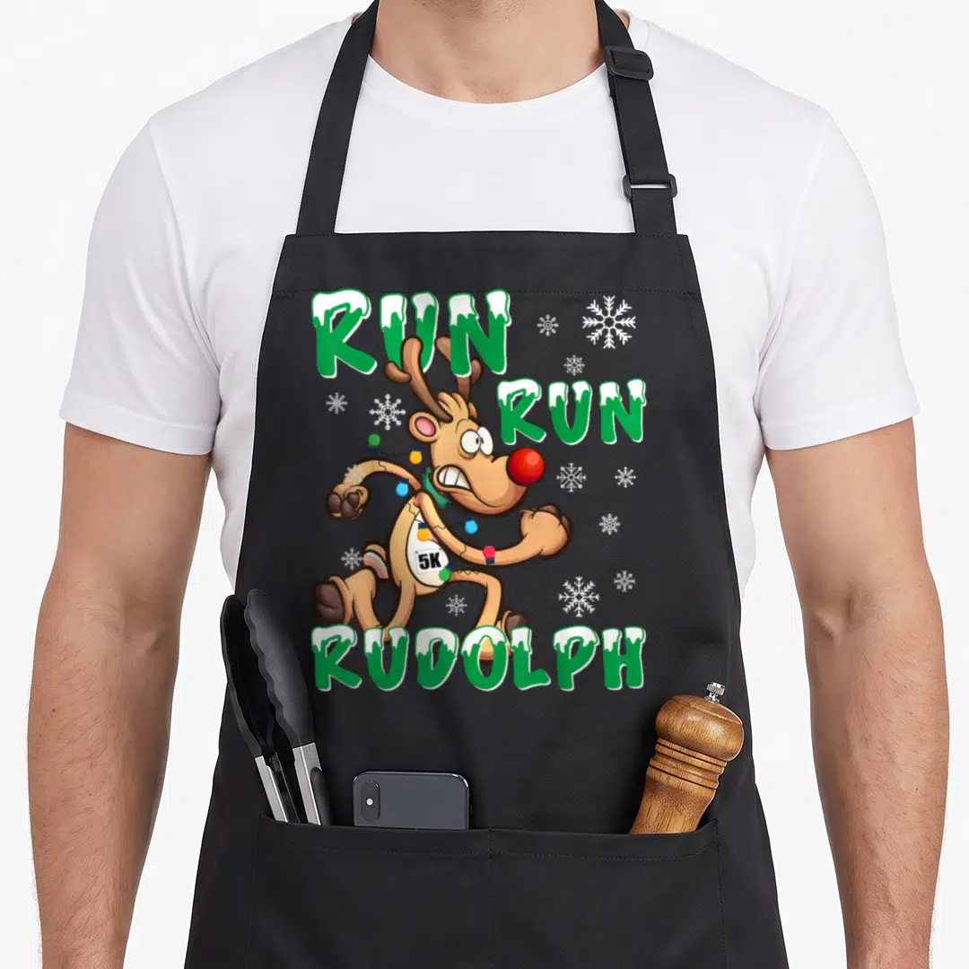 Run holiday christmas aprons - Cartoon reindeer running with 5K bib and Christmas lights surrounded by green RUN RUN — shown on a black cotton canvas apron against a white background
