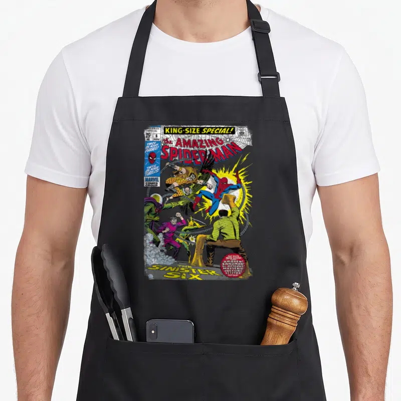 Sinister cover apron - Spider-Man fighting six villains under King-Size Special title text — shown on a black cotton canvas apron against a white background