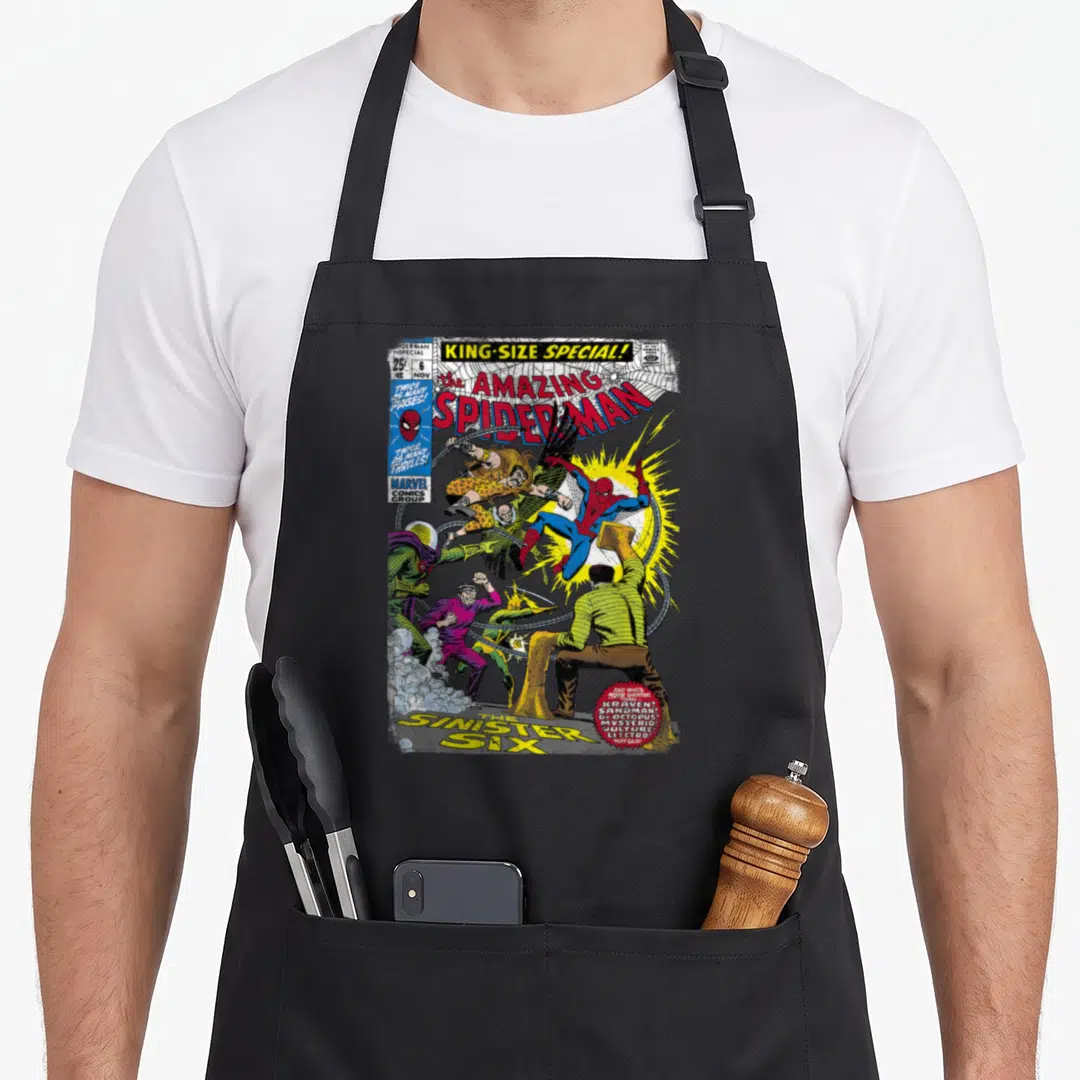 Sinister cover apron - Spider-Man fighting six villains under King-Size Special title text — shown on a black cotton canvas apron against a white background