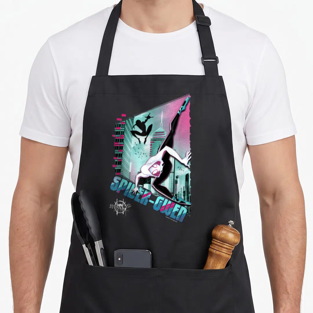 Pose spider apron - Spider-Gwen diagonal city pose with SPIDER-GWEN text in pink teal and white — shown on a black cotton canvas apron against a white background