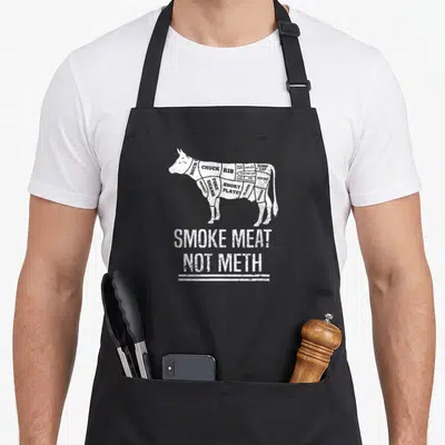 Meth barbecue apron - White distressed cow diagram with meat cuts labeled SMOKE MEAT NOT METH text below — shown on a black cotton canvas apron against a white background