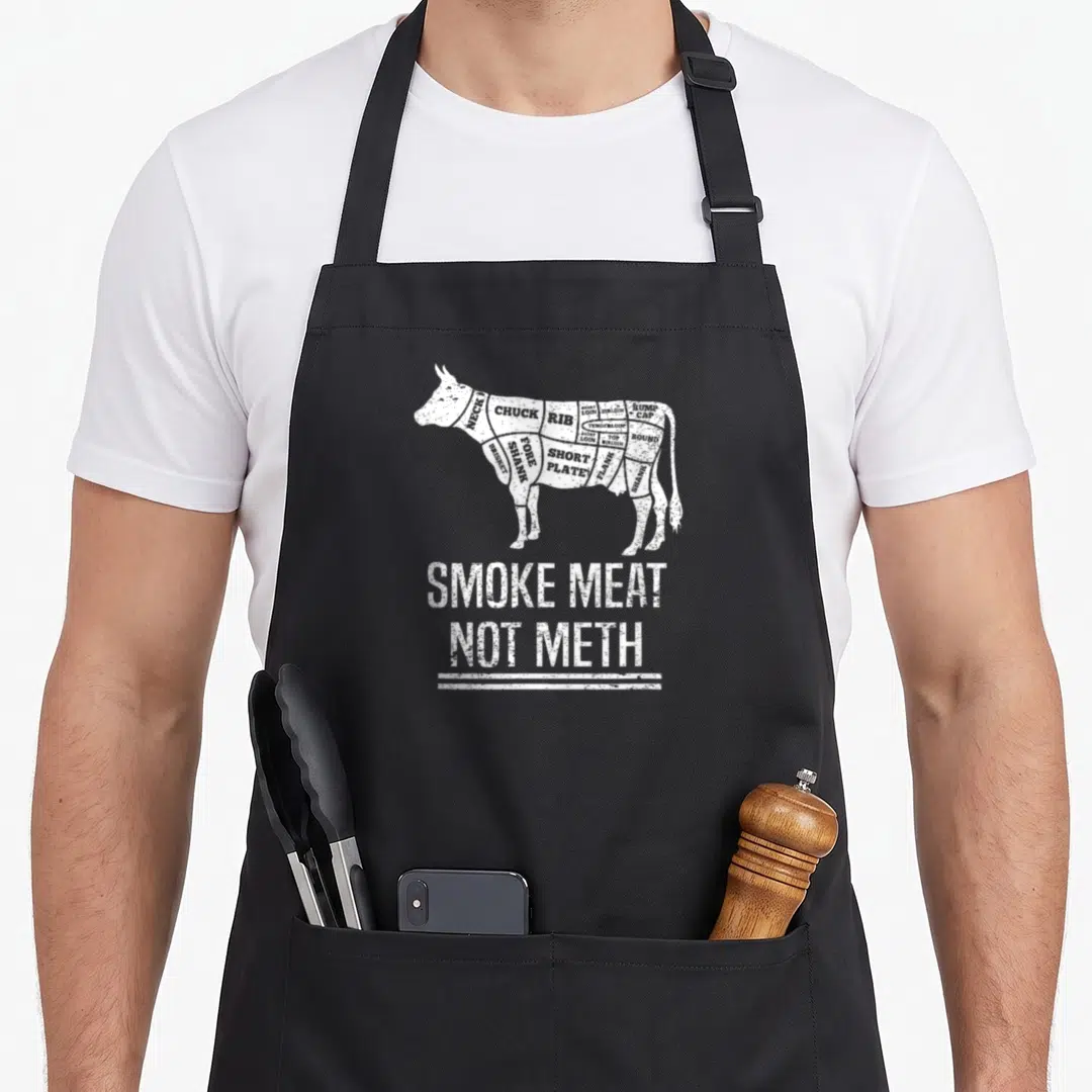 Meth barbecue apron - White distressed cow diagram with meat cuts labeled SMOKE MEAT NOT METH text below — shown on a black cotton canvas apron against a white background