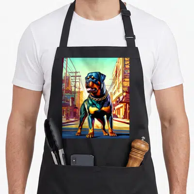 Funny rottweiler apron - Cartoon dog with chain on city street in blue, yellow, orange, and black — shown on a black cotton canvas apron against a white background