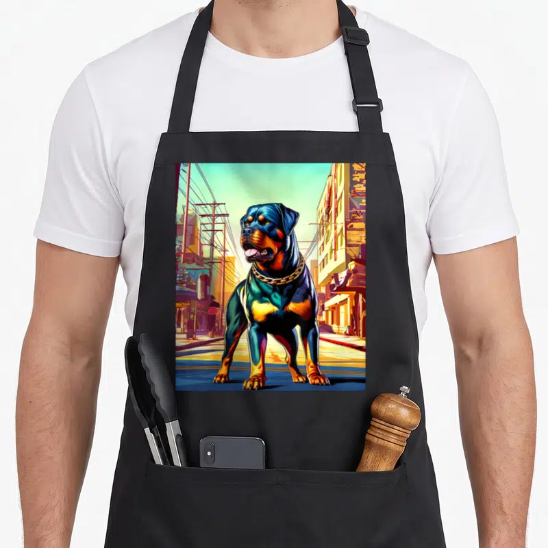 Funny rottweiler apron - Cartoon dog with chain on city street in blue, yellow, orange, and black — shown on a black cotton canvas apron against a white background