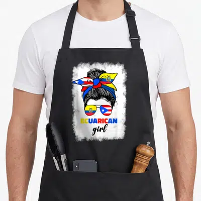 Ecuadorian rican pride apron - Ecuarican girl with flag sunglasses and messy bun in yellow blue red black white — shown on a black cotton canvas apron against a white background