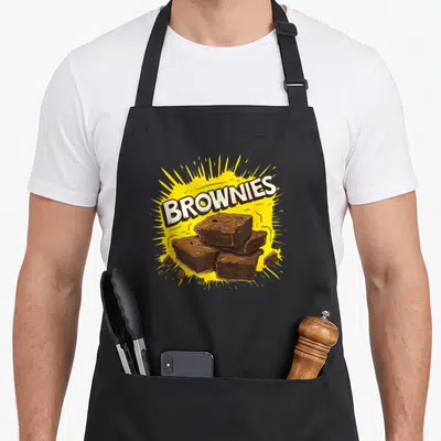 Browny cake apron - BROWNIES text over four stacked brownies on yellow burst with scattered chocolate chunks — shown on a black cotton canvas apron against a white background