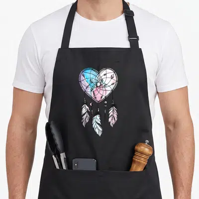 Dreamcatcher boho apron - Heart-shaped dreamcatcher in blue pink purple watercolor with hanging feathers and beads — shown on a black cotton canvas apron against a white background