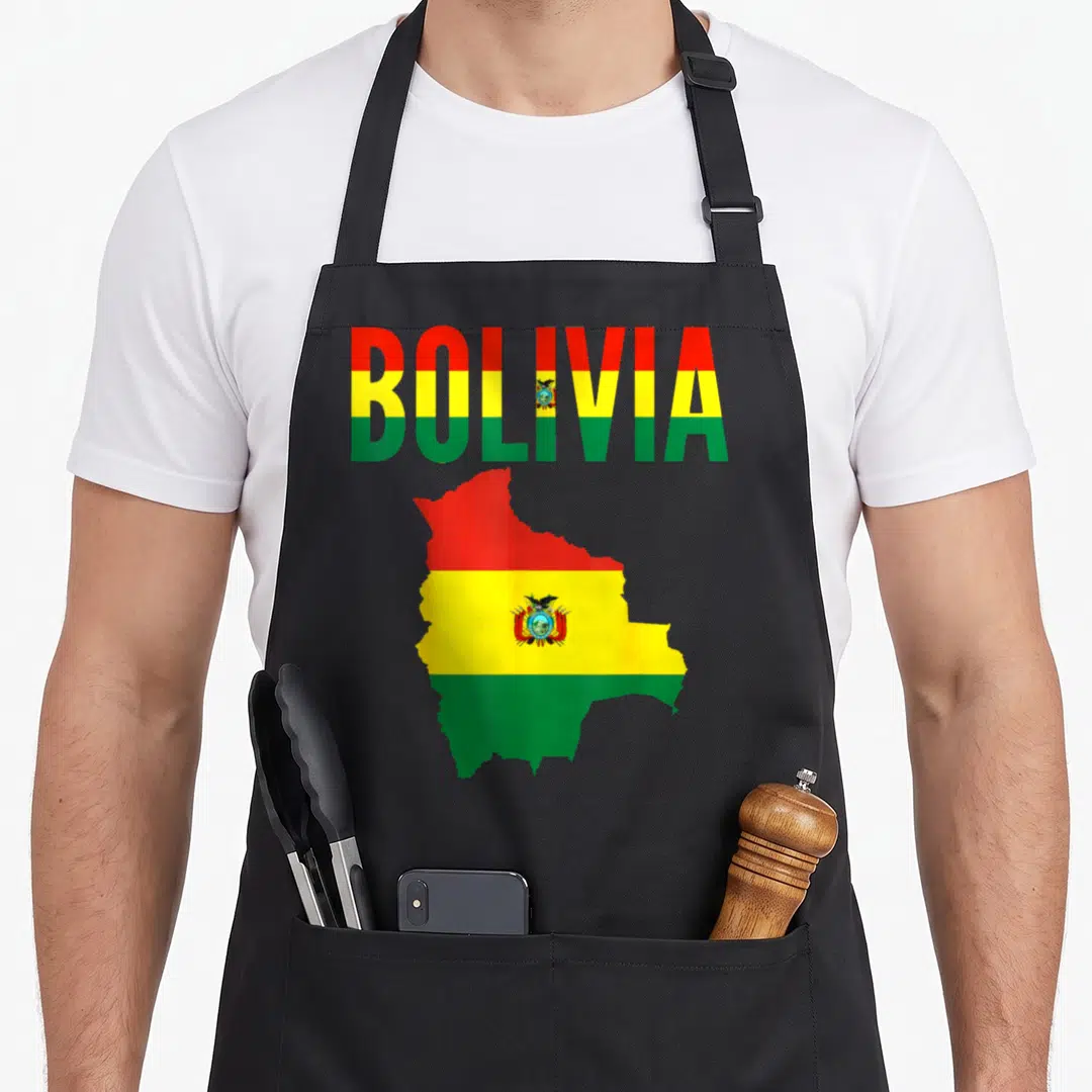 Bolivian country apron - BOLIVIA text and map filled with red yellow green flag stripes — shown on a black cotton canvas apron against a white background