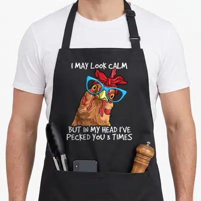 May pecked you apron - Cartoon brown chicken with blue glasses and red headband surrounded by white sarcastic text — shown on a black cotton canvas apron against a white background