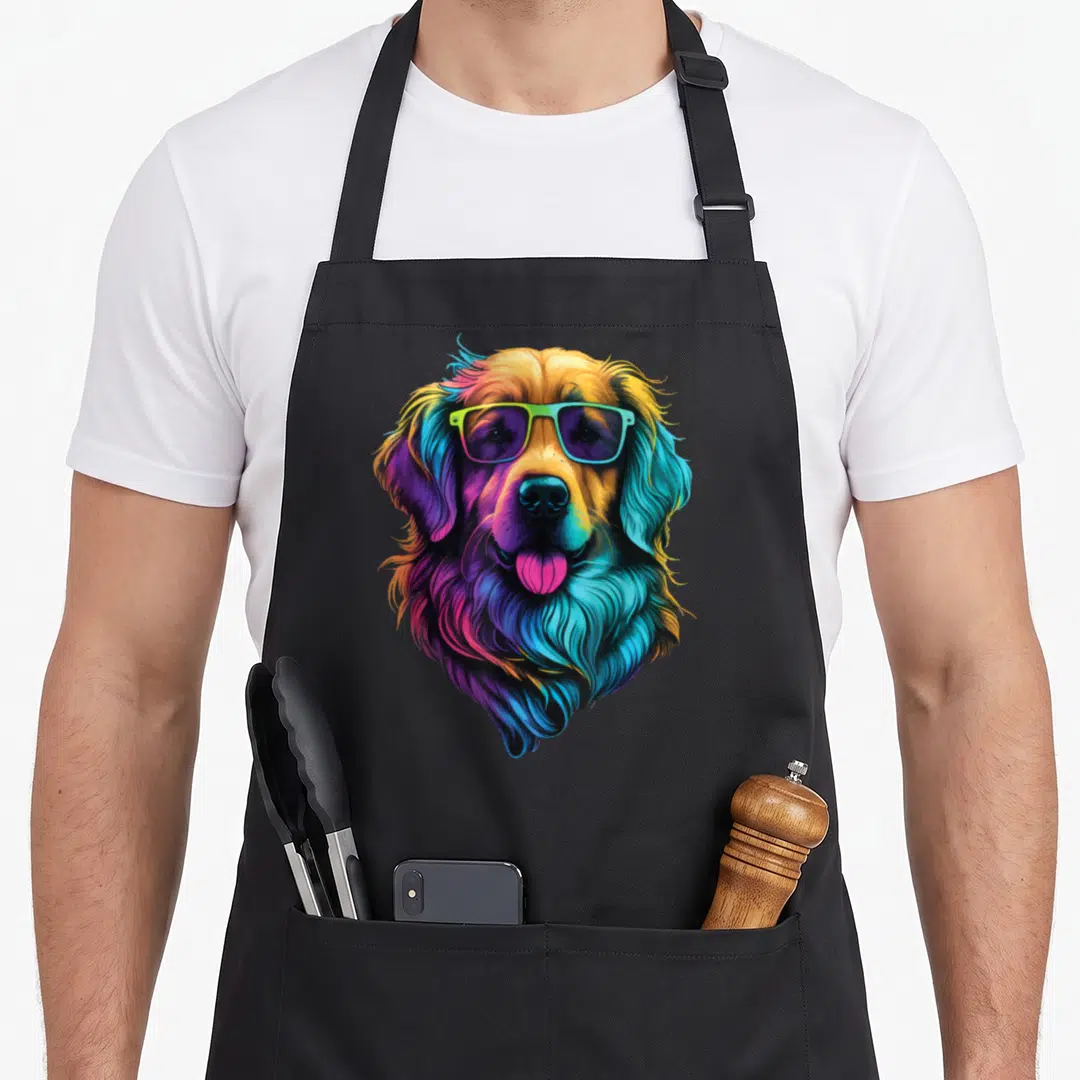 Colorful golden retriever apron - Cartoon golden retriever head wearing sunglasses rendered in blue, purple, yellow — shown on a black cotton canvas apron against a white background