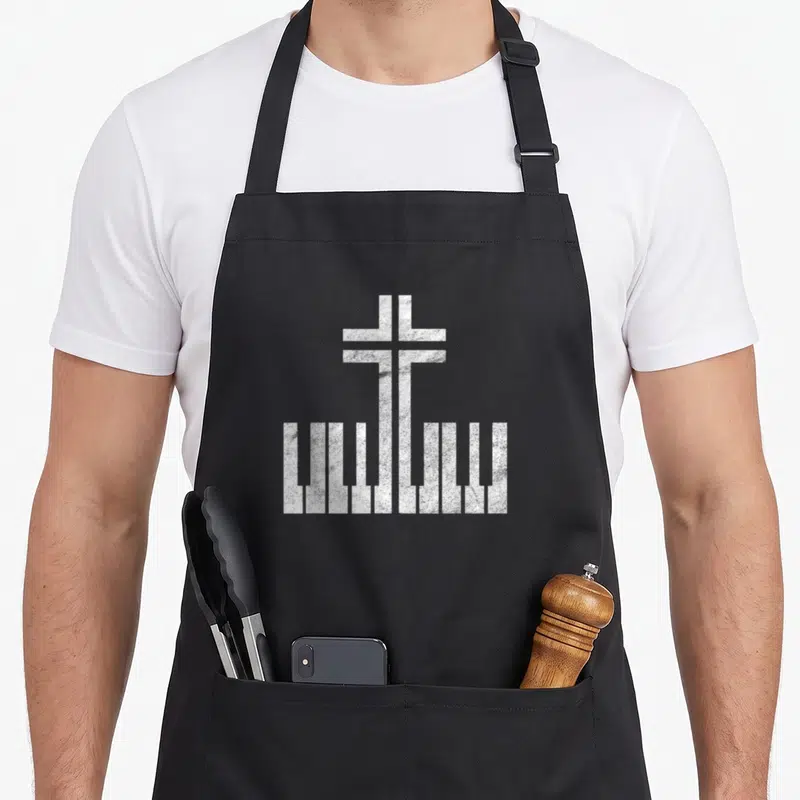 Keyboard christian apron - White textured cross merging with piano keys on black background — shown on a black cotton canvas apron against a white background