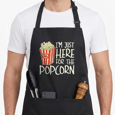 Cute popcorn apron - Cartoon red and white popcorn bucket next to stacked text reading I'M JUST HERE FOR THE POPCORN — shown on a black cotton canvas apron against a white background