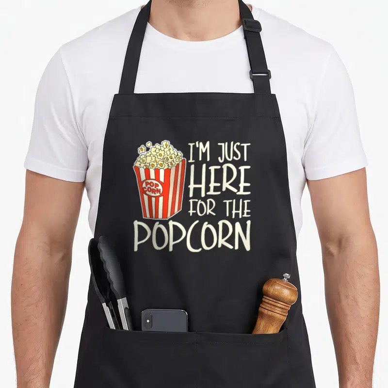 Cute popcorn apron - Cartoon red and white popcorn bucket next to stacked text reading I'M JUST HERE FOR THE POPCORN — shown on a black cotton canvas apron against a white background