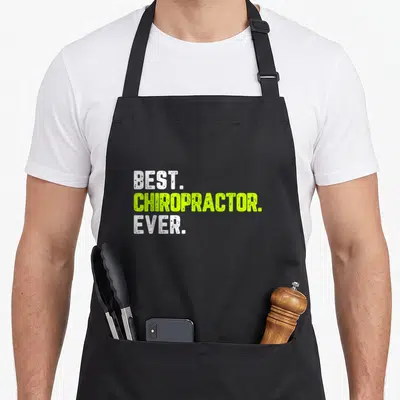 Funny chiropractic chiropractor husband apron - Stacked text reading best chiropractor ever in white and lime green — shown on a black cotton canvas apron against a white background