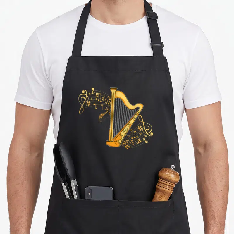 Player harp apron - Gold harp with swirling musical notes and treble clefs in line art style — shown on a black cotton canvas apron against a white background