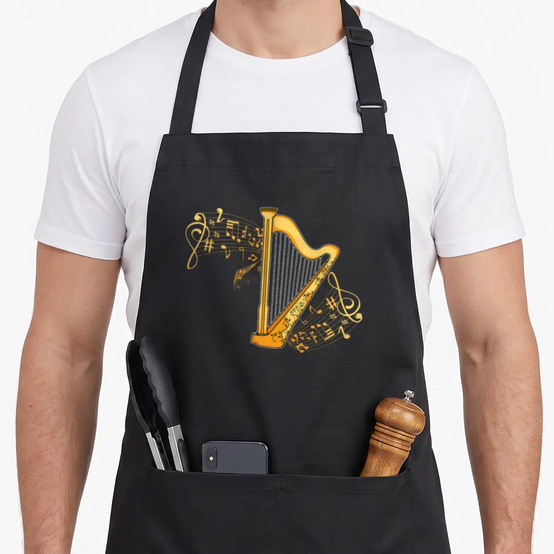 Player harp apron - Gold harp with swirling musical notes and treble clefs in line art style — shown on a black cotton canvas apron against a white background