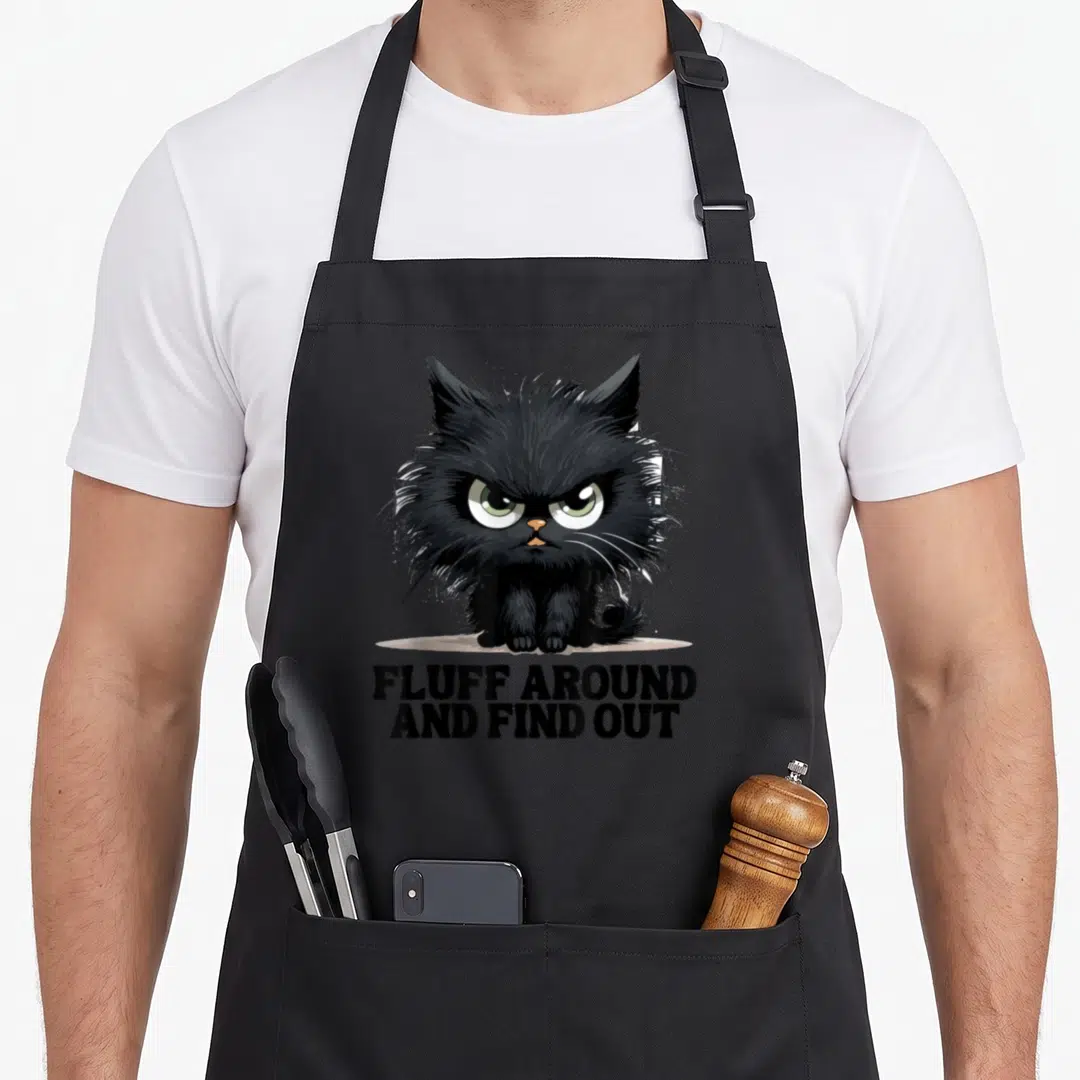 Find cat apron - Grumpy black cat illustration with green eyes above bold text FLUFF AROUND AND FIND OUT — shown on a black cotton canvas apron against a white background