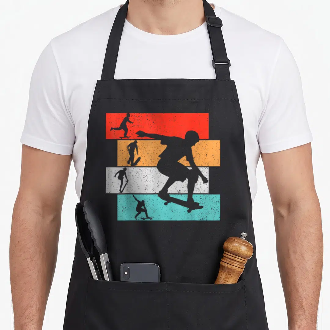 Skater boarding apron - Grey skateboarder silhouette over red orange white and teal horizontal stripes — shown on a black cotton canvas apron against a white background