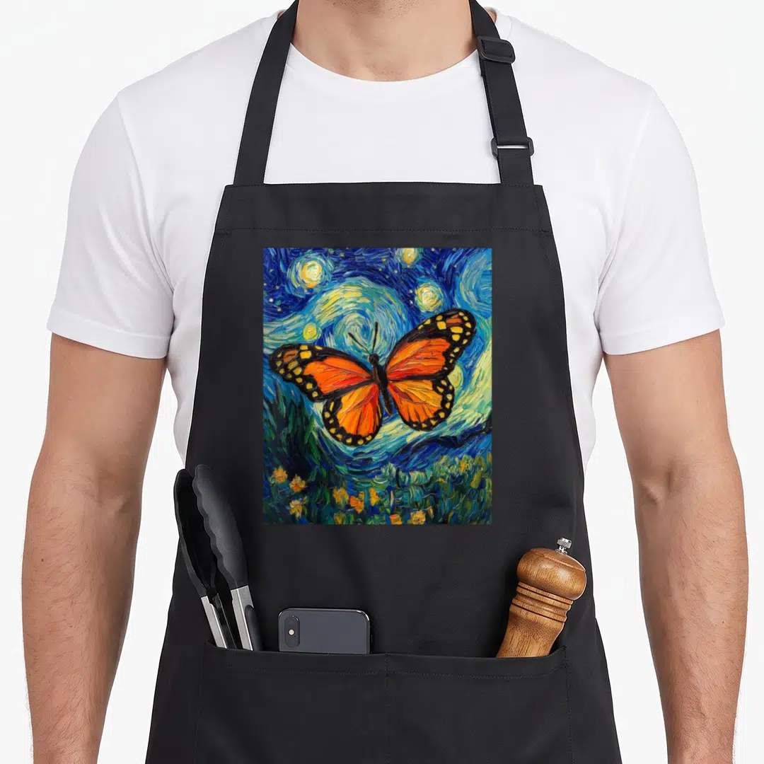 Butterfly van gogh apron - Large orange butterfly over blue swirling starry night sky and green grass field — shown on a black cotton canvas apron against a white background