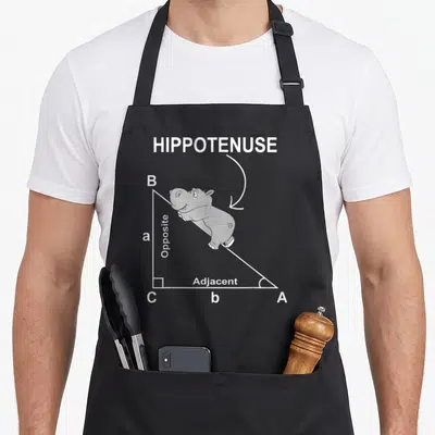 Geometry nerd apron - HIPPOTENUSE text above grey cartoon hippo on white right triangle with geometric labels — shown on a black cotton canvas apron against a white background