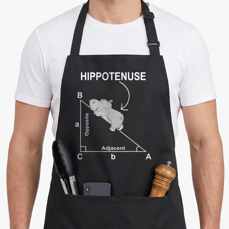 Geometry nerd apron - HIPPOTENUSE text above grey cartoon hippo on white right triangle with geometric labels — shown on a black cotton canvas apron against a white background