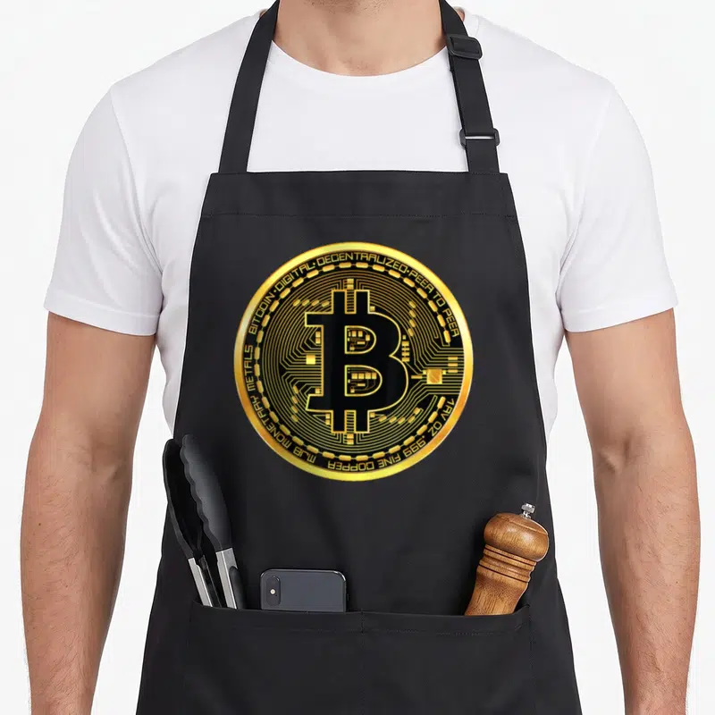 Bitcoin block & apron - Gold and black bitcoin coin with B symbol, circuitry, and running text border — shown on a black cotton canvas apron against a white background