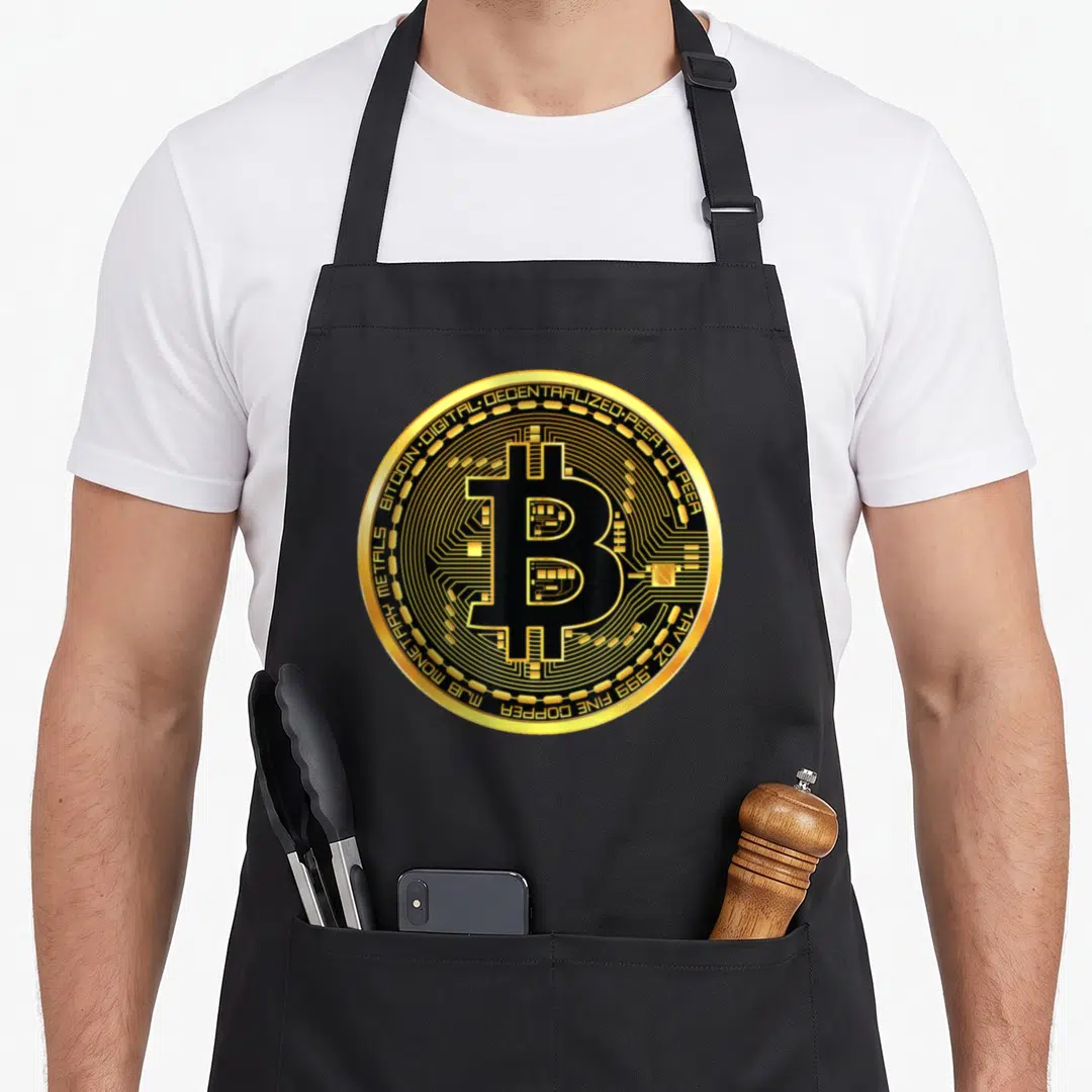 Bitcoin block & apron - Gold and black bitcoin coin with B symbol, circuitry, and running text border — shown on a black cotton canvas apron against a white background