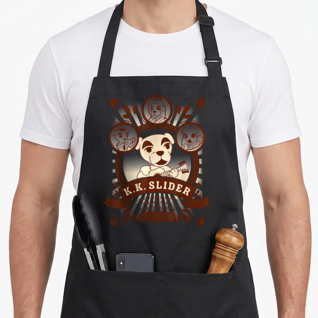 Slider slides apron - Raccoon guitarist K.K. Slider with three dog bandmates in brown and beige retro poster style — shown on a black cotton canvas apron against a white background