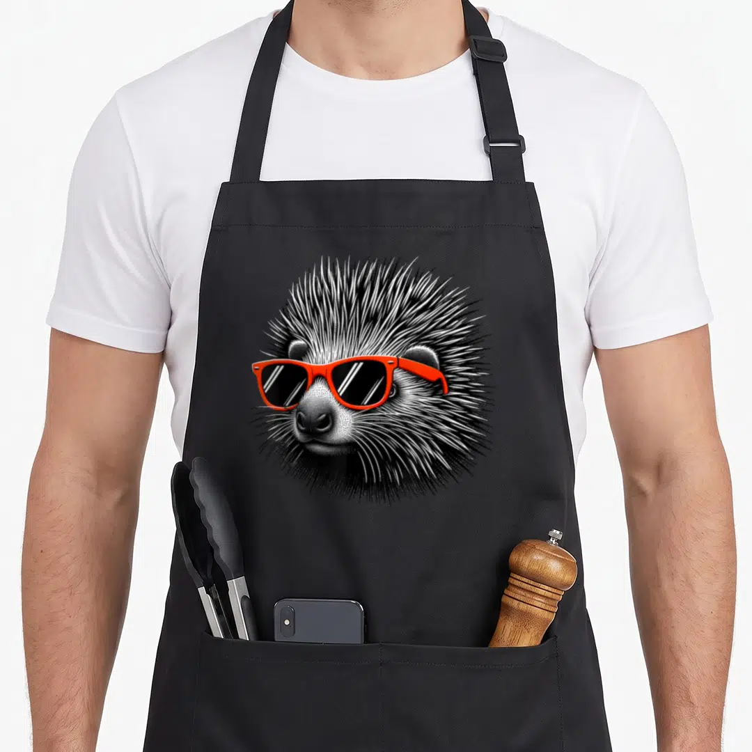 Porcupine sunglasses graphic apron - Realistic black white hedgehog head wearing bright red framed sunglasses centered — shown on a black cotton canvas apron against a white background