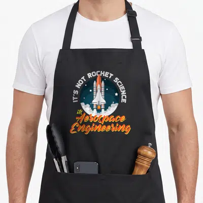 Rocket aerospace science apron - Cartoon rocket launch with IT'S NOT ROCKET SCIENCE text and Aerospace Engineering — shown on a black cotton canvas apron against a white background
