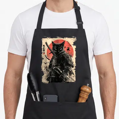 Japanese anime cat apron - Black cat in samurai armor holding katana before red sun with vertical text and red seal — shown on a black cotton canvas apron against a white background