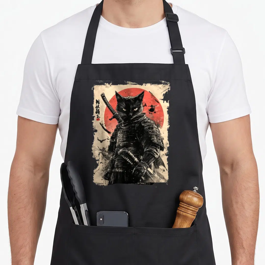 Japanese anime cat apron - Black cat in samurai armor holding katana before red sun with vertical text and red seal — shown on a black cotton canvas apron against a white background