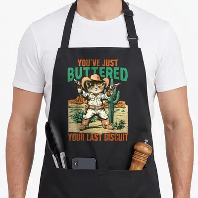 Cowboy cat apron - Cartoon cat in cowboy hat holding guns between cacti with orange and green text — shown on a black cotton canvas apron against a white background