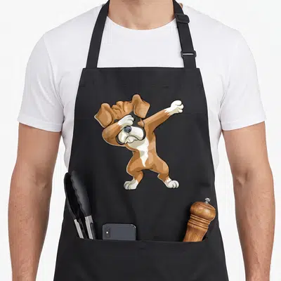 Dabbing boxer dog apron - Cartoon brown and white boxer puppy performing the dab dance pose — shown on a black cotton canvas apron against a white background