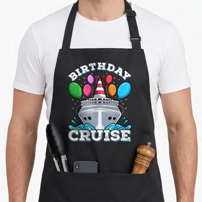 Cruising birthday apron - Cartoon ship wearing party hat surrounded by balloons and BIRTHDAY CRUISE text — shown on a black cotton canvas apron against a white background