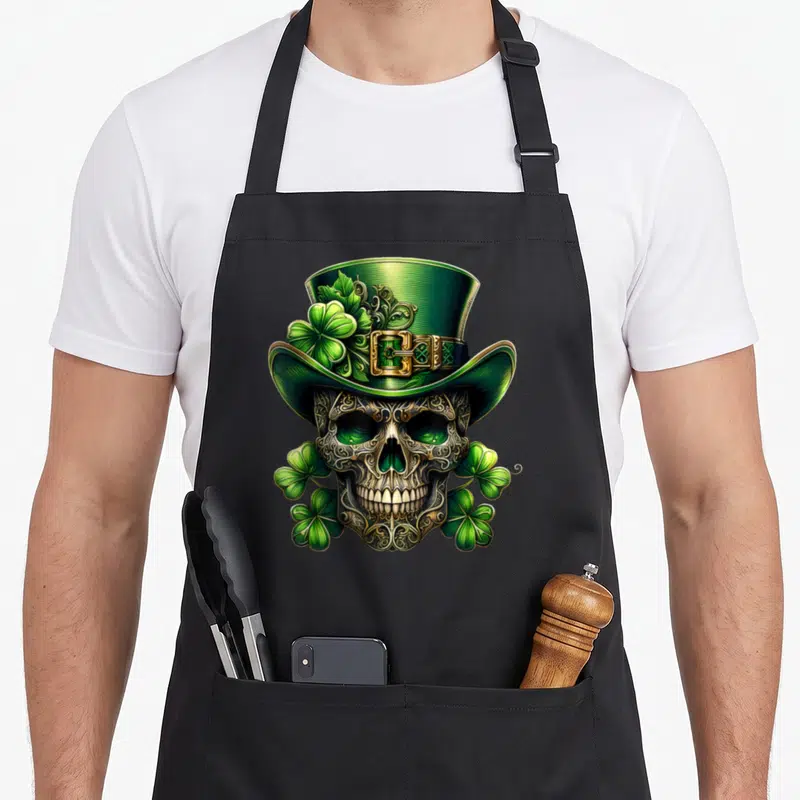 Sugar st patrick day aprons - Realistic skull in green top hat with gold details and shamrocks — shown on a black cotton canvas apron against a white background