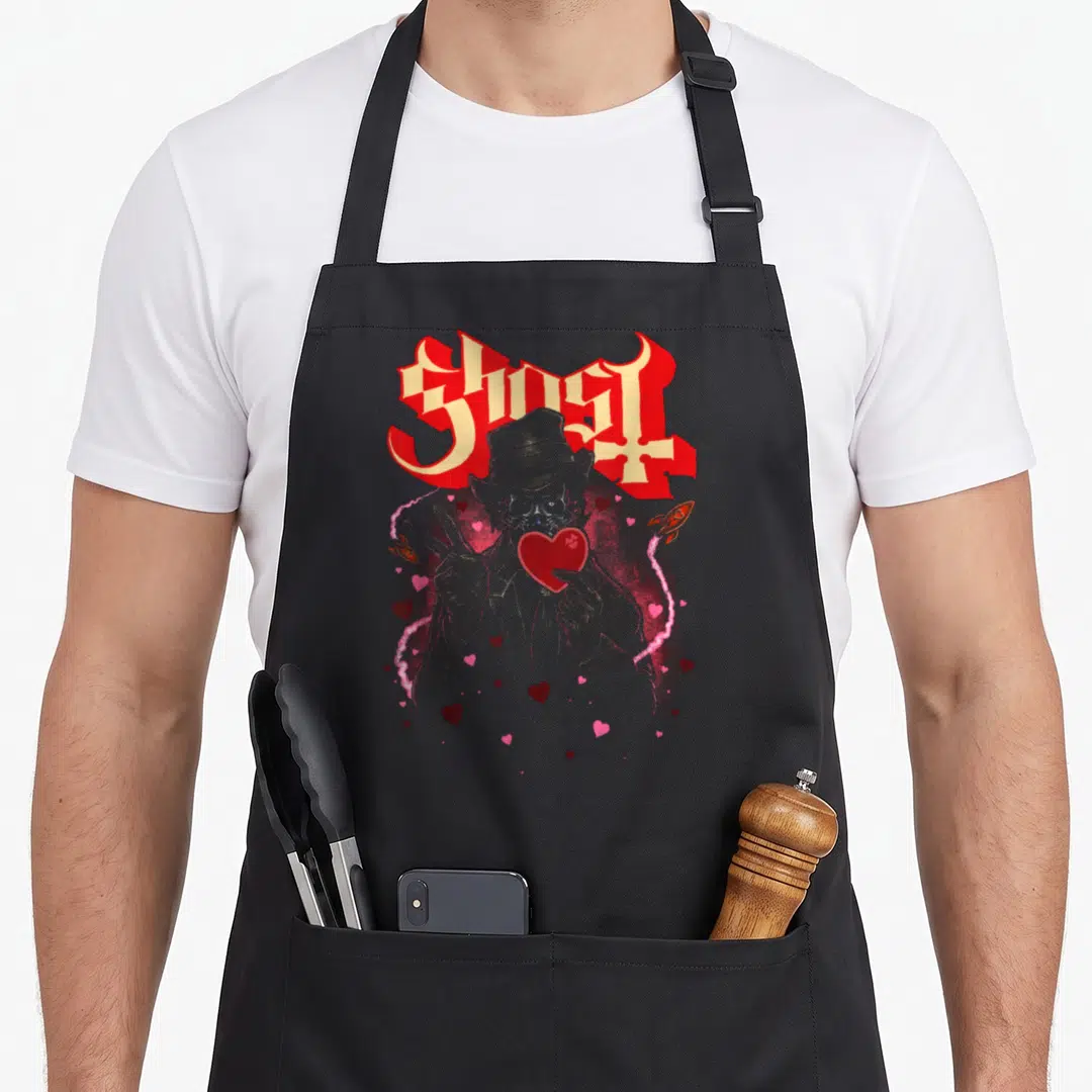Ghost valentine apron - Red Gothic Ghost text above grey figure holding heart and peace sign with rockets — shown on a black cotton canvas apron against a white background