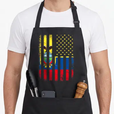 Ecuadorian root american flag apron - Weathered composite flag with yellow blue red stripes and yellow star field — shown on a black cotton canvas apron against a white background