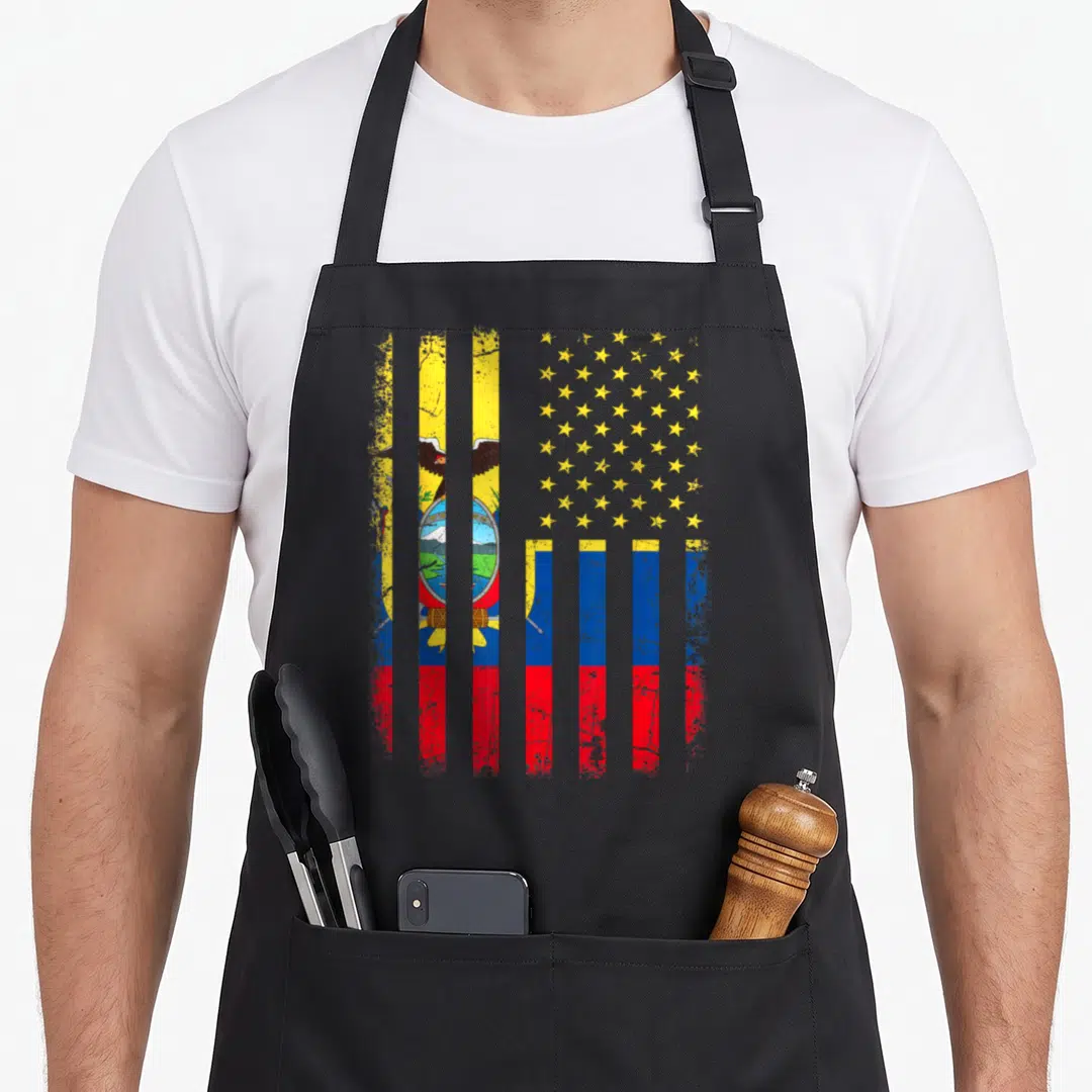 Ecuadorian root american flag apron - Weathered composite flag with yellow blue red stripes and yellow star field — shown on a black cotton canvas apron against a white background