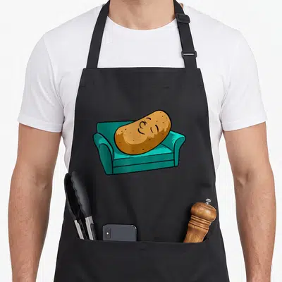 Couch vegetable apron - Cartoon brown potato sleeping on teal sofa with black outlines — shown on a black cotton canvas apron against a white background