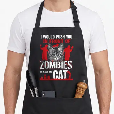 Would cat apron - Distressed text I Would Push You in Front of Zombies to Save My Cat with grey cat head and red — shown on a black cotton canvas apron against a white background