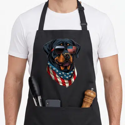Rottweiler 4th of july apron - Realistic black dog head wearing sunglasses reflecting a US flag and a matching stars — shown on a black cotton canvas apron against a white background
