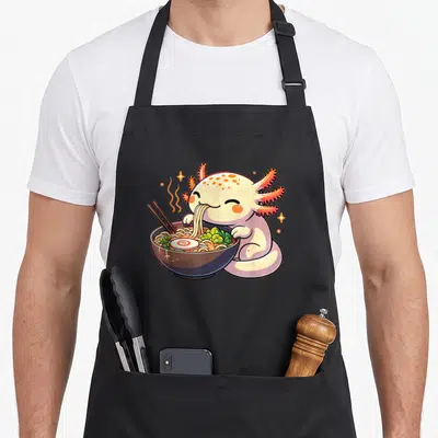 Eat ready axolotl apron - Pink axolotl hugging brown bowl of yellow noodles with chopsticks and steam — shown on a black cotton canvas apron against a white background