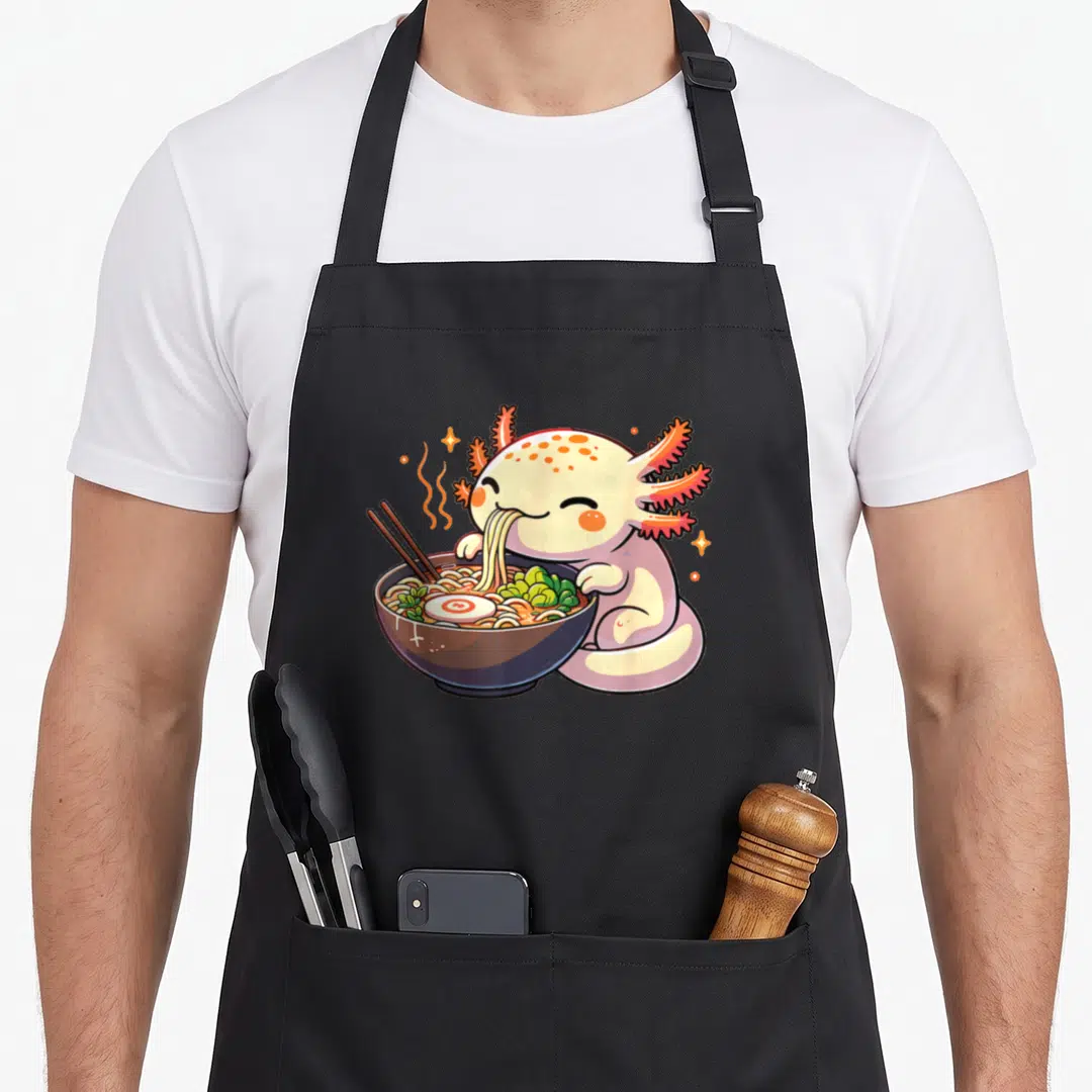 Eat ready axolotl apron - Pink axolotl hugging brown bowl of yellow noodles with chopsticks and steam — shown on a black cotton canvas apron against a white background