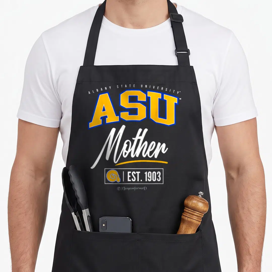 Albany mother's apron - Stacked ASU text, white script Mother, yellow ram logo, and EST 1903 date in blue and yellow — shown on a black cotton canvas apron against a white background