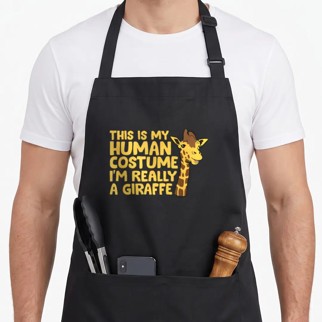 Costume giraffe apron - Yellow text This Is My Human Costume I'm Really A Giraffe next to cartoon giraffe head — shown on a black cotton canvas apron against a white background